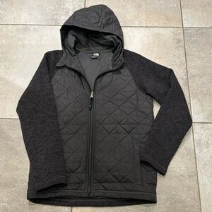 North Face black jacket with quilted front, soft fleece-like sleeves